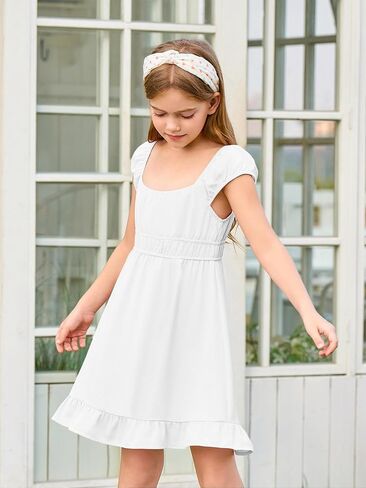 Haloumoning Girls Summer Dresses Kids Cap Sleeve Square Neck Elastic Waist A-Line Flowy Dress 7-14 Years in Kuwait