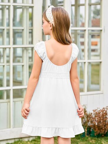 Haloumoning Girls Summer Dresses Kids Cap Sleeve Square Neck Elastic Waist A-Line Flowy Dress 7-14 Years in Kuwait
