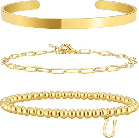 Initial Bracelet Set for Women,14K Gold Plated Stackable Beaded Non Tarnish Bracelet with Letter A-Z Available in Saudi Arabia