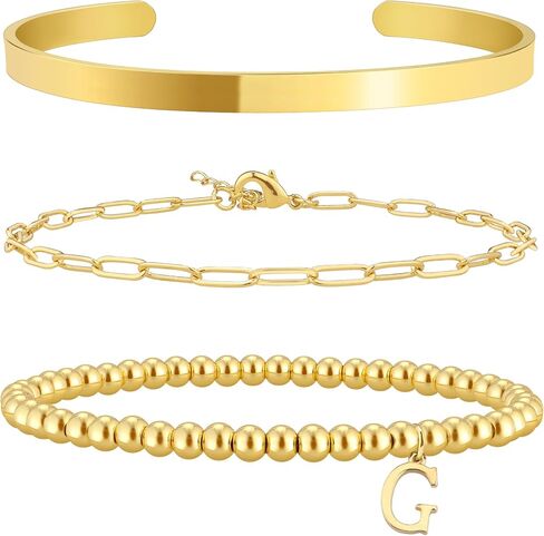 Initial Bracelet Set for Women,14K Gold Plated Stackable Beaded Non Tarnish Bracelet with Letter A-Z Available in Saudi Arabia