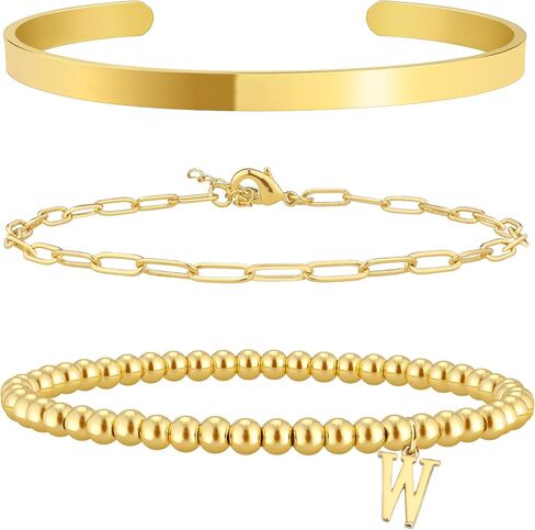 Initial Bracelet Set for Women,14K Gold Plated Stackable Beaded Non Tarnish Bracelet with Letter A-Z Available in Saudi Arabia