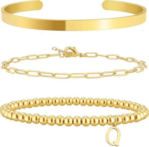 Initial Bracelet Set for Women,14K Gold Plated Stackable Beaded Non Tarnish Bracelet with Letter A-Z Available in Saudi Arabia
