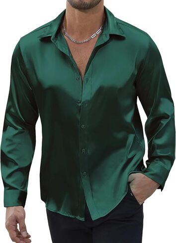 Vssjavun Mens Silk Satin Long Sleeve Button Down Shirts Shiny Dress Shirt Luxury Party Prom Wedding Shirts in Saudi Arabia