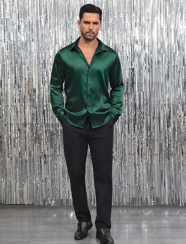 Vssjavun Mens Silk Satin Long Sleeve Button Down Shirts Shiny Dress Shirt Luxury Party Prom Wedding Shirts in Saudi Arabia