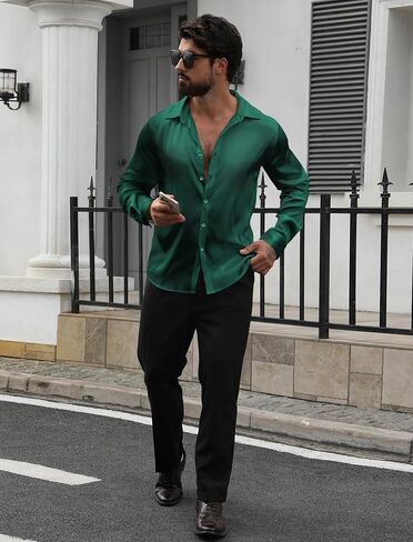 Vssjavun Mens Silk Satin Long Sleeve Button Down Shirts Shiny Dress Shirt Luxury Party Prom Wedding Shirts in Saudi Arabia