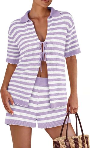 Womens 2 Piece Pajama Set Striped Knit Lounge Sets Short Sleeve Tie Front Top and Shorts Set 2025 Summer Outfits in Kuwait