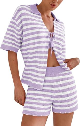 Womens 2 Piece Pajama Set Striped Knit Lounge Sets Short Sleeve Tie Front Top and Shorts Set 2025 Summer Outfits in Kuwait