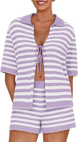 Womens 2 Piece Pajama Set Striped Knit Lounge Sets Short Sleeve Tie Front Top and Shorts Set 2025 Summer Outfits in Kuwait