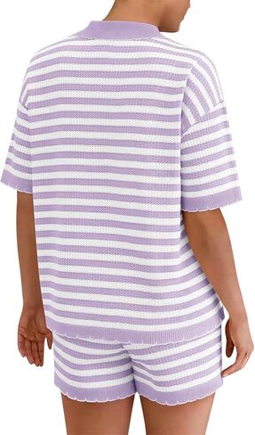 Womens 2 Piece Pajama Set Striped Knit Lounge Sets Short Sleeve Tie Front Top and Shorts Set 2025 Summer Outfits in Kuwait