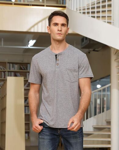 Fashion Men's Henley Shirts Classic Short Sleeve Basic Button Cotton T-Shirt with Pocket in Saudi Arabia