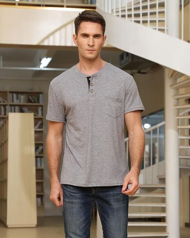 Fashion Men's Henley Shirts Classic Short Sleeve Basic Button Cotton T-Shirt with Pocket in Saudi Arabia
