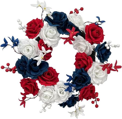 4th of July Wreath for Front Door, 20 Inch Red White Blue Patriotic Independence Day Wreath for Wall Indoor Outdoor Window Home Festival Decoration (A) in Saudi Arabia