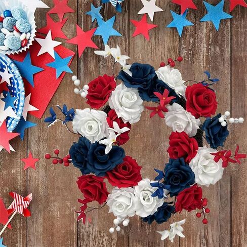 4th of July Wreath for Front Door, 20 Inch Red White Blue Patriotic Independence Day Wreath for Wall Indoor Outdoor Window Home Festival Decoration (A) in Saudi Arabia