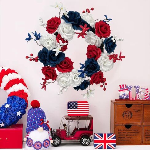 4th of July Wreath for Front Door, 20 Inch Red White Blue Patriotic Independence Day Wreath for Wall Indoor Outdoor Window Home Festival Decoration (A) in Saudi Arabia