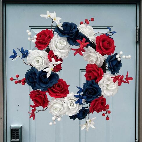 4th of July Wreath for Front Door, 20 Inch Red White Blue Patriotic Independence Day Wreath for Wall Indoor Outdoor Window Home Festival Decoration (A) in Saudi Arabia