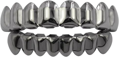 Acfun 24K Gold Plated Hip Hop Teeth Grillz Punk Custom Fit Polished Teeth Grillz Caps Top & Bottom Grill Set with 2 Silicon Molding Bars Removable Grills for Women Men Gift Halloween Party (Gold) in Kuwait