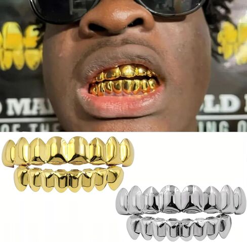 Acfun 24K Gold Plated Hip Hop Teeth Grillz Punk Custom Fit Polished Teeth Grillz Caps Top & Bottom Grill Set with 2 Silicon Molding Bars Removable Grills for Women Men Gift Halloween Party (Gold) in Kuwait