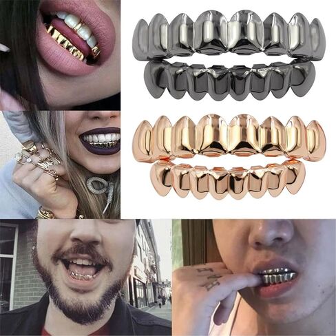 Acfun 24K Gold Plated Hip Hop Teeth Grillz Punk Custom Fit Polished Teeth Grillz Caps Top & Bottom Grill Set with 2 Silicon Molding Bars Removable Grills for Women Men Gift Halloween Party (Gold) in Kuwait
