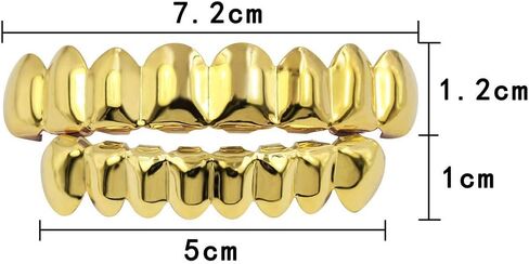 Acfun 24K Gold Plated Hip Hop Teeth Grillz Punk Custom Fit Polished Teeth Grillz Caps Top & Bottom Grill Set with 2 Silicon Molding Bars Removable Grills for Women Men Gift Halloween Party (Gold) in Kuwait