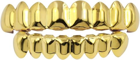 Acfun 24K Gold Plated Hip Hop Teeth Grillz Punk Custom Fit Polished Teeth Grillz Caps Top & Bottom Grill Set with 2 Silicon Molding Bars Removable Grills for Women Men Gift Halloween Party (Gold) in Kuwait