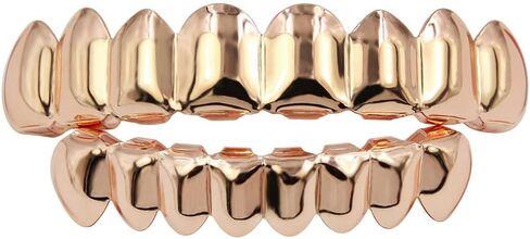 Acfun 24K Gold Plated Hip Hop Teeth Grillz Punk Custom Fit Polished Teeth Grillz Caps Top & Bottom Grill Set with 2 Silicon Molding Bars Removable Grills for Women Men Gift Halloween Party (Gold) in Kuwait