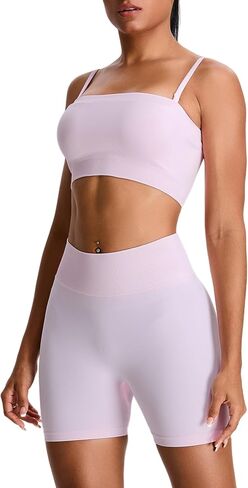 ABOCIW Womens Workout Sets Seamless High Waist Scrunch Butt Shorts Removeable Strap Bandeau Sports Bra Gym Set in Saudi Arabia