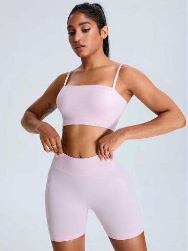 ABOCIW Womens Workout Sets Seamless High Waist Scrunch Butt Shorts Removeable Strap Bandeau Sports Bra Gym Set in Saudi Arabia