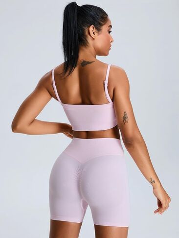 ABOCIW Womens Workout Sets Seamless High Waist Scrunch Butt Shorts Removeable Strap Bandeau Sports Bra Gym Set in Saudi Arabia
