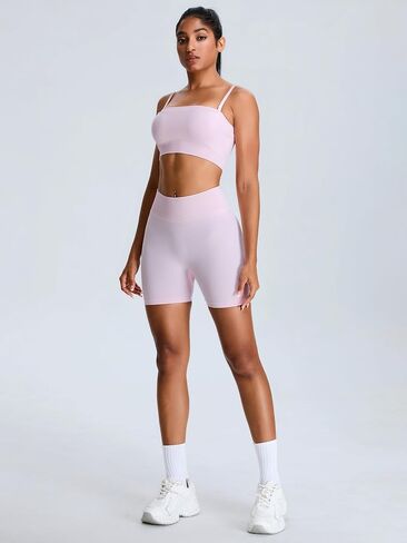 ABOCIW Womens Workout Sets Seamless High Waist Scrunch Butt Shorts Removeable Strap Bandeau Sports Bra Gym Set in Saudi Arabia