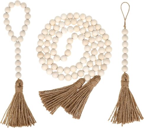 Wood Bead Garland with Tassels Natural Rustic Home Decor for Farmhouse Style Wall Hanging Decoration Beads Accent for Vignettes and Centerpieces in Kuwait
