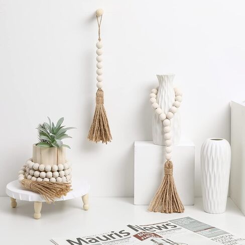 Wood Bead Garland with Tassels Natural Rustic Home Decor for Farmhouse Style Wall Hanging Decoration Beads Accent for Vignettes and Centerpieces in Kuwait