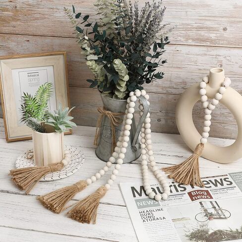 Wood Bead Garland with Tassels Natural Rustic Home Decor for Farmhouse Style Wall Hanging Decoration Beads Accent for Vignettes and Centerpieces in Kuwait