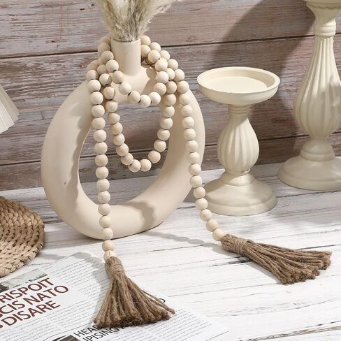 Wood Bead Garland with Tassels Natural Rustic Home Decor for Farmhouse Style Wall Hanging Decoration Beads Accent for Vignettes and Centerpieces in Kuwait