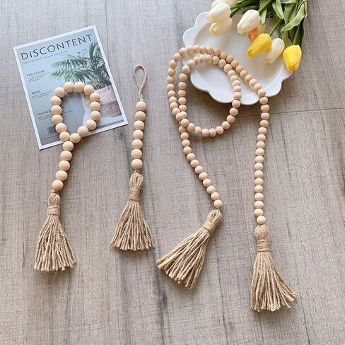 Wood Bead Garland with Tassels Natural Rustic Home Decor for Farmhouse Style Wall Hanging Decoration Beads Accent for Vignettes and Centerpieces in Kuwait