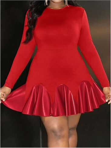 SOLY HUX Women's Plus Size Long Sleeve Ruffle Mini Dress PU Leather Cocktail Party Dresses in Saudi Arabia