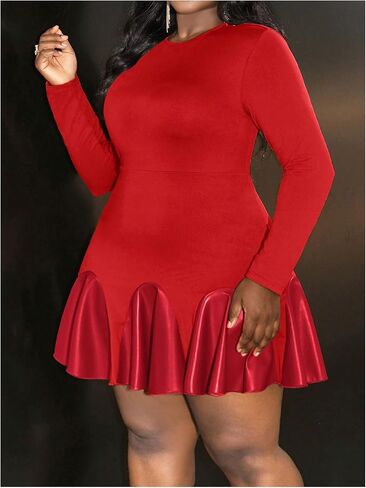 SOLY HUX Women's Plus Size Long Sleeve Ruffle Mini Dress PU Leather Cocktail Party Dresses in Saudi Arabia
