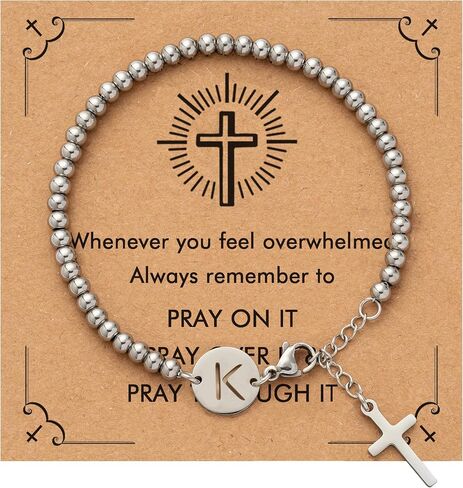 Bracelets for Women, Silver Beaded Initials with Cross Charm Bracelet, Christian Gifts for Women，Easter Baptism Confirmation Christmas Thanksgiving Inspirational Gifts for Mom Daughter Friend Sister in Kuwait