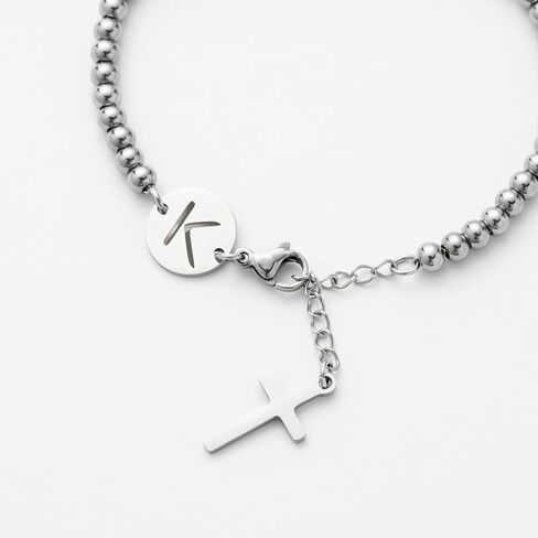Bracelets for Women, Silver Beaded Initials with Cross Charm Bracelet, Christian Gifts for Women，Easter Baptism Confirmation Christmas Thanksgiving Inspirational Gifts for Mom Daughter Friend Sister in Kuwait