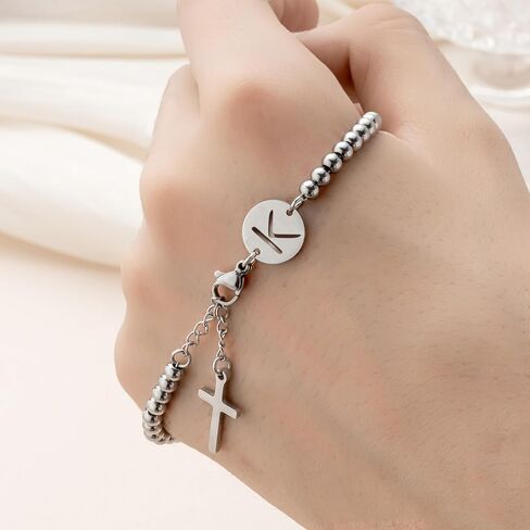 Bracelets for Women, Silver Beaded Initials with Cross Charm Bracelet, Christian Gifts for Women，Easter Baptism Confirmation Christmas Thanksgiving Inspirational Gifts for Mom Daughter Friend Sister in Kuwait