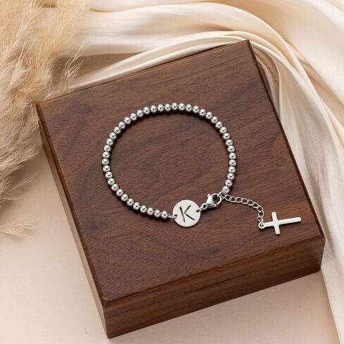 Bracelets for Women, Silver Beaded Initials with Cross Charm Bracelet, Christian Gifts for Women，Easter Baptism Confirmation Christmas Thanksgiving Inspirational Gifts for Mom Daughter Friend Sister in Kuwait