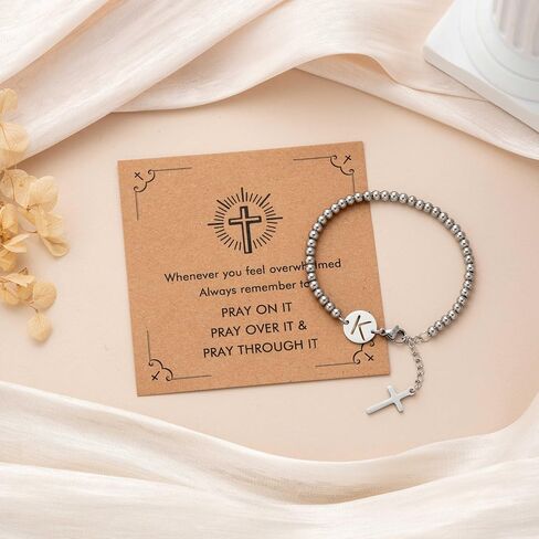 Bracelets for Women, Silver Beaded Initials with Cross Charm Bracelet, Christian Gifts for Women，Easter Baptism Confirmation Christmas Thanksgiving Inspirational Gifts for Mom Daughter Friend Sister in Kuwait