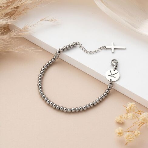 Bracelets for Women, Silver Beaded Initials with Cross Charm Bracelet, Christian Gifts for Women，Easter Baptism Confirmation Christmas Thanksgiving Inspirational Gifts for Mom Daughter Friend Sister in Kuwait