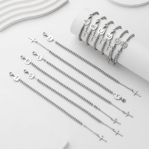 Bracelets for Women, Silver Beaded Initials with Cross Charm Bracelet, Christian Gifts for Women，Easter Baptism Confirmation Christmas Thanksgiving Inspirational Gifts for Mom Daughter Friend Sister in Kuwait
