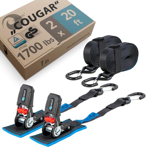 valonic Cougar, 2 Pack Ratchet Straps with Hooks, Padded, 20 ft, 1700 lbs Breaking Strength, Two-Piece tie Down Strap for Motorcycle, Truck Bed and Trailer, Black in Kuwait