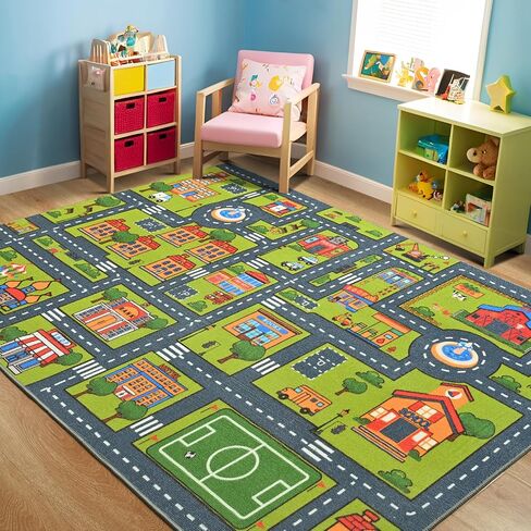 Merelax 4x6 Kids Car Rug Grey Green Area Rugs for Living Room Playroom Classroom Bedroom, Non Slip Kids Play mat Washable Rug, Educational City Traffic Road Map Fun Car Carpet for Ages 3-12 in Saudi Arabia