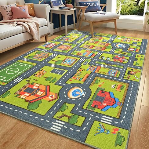 Merelax 4x6 Kids Car Rug Grey Green Area Rugs for Living Room Playroom Classroom Bedroom, Non Slip Kids Play mat Washable Rug, Educational City Traffic Road Map Fun Car Carpet for Ages 3-12 in Saudi Arabia