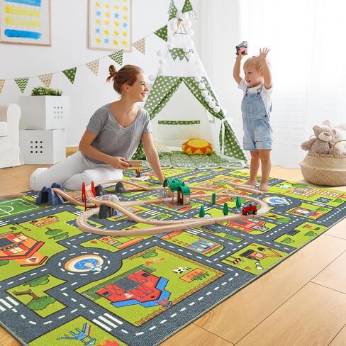Merelax 4x6 Kids Car Rug Grey Green Area Rugs for Living Room Playroom Classroom Bedroom, Non Slip Kids Play mat Washable Rug, Educational City Traffic Road Map Fun Car Carpet for Ages 3-12 in Saudi Arabia