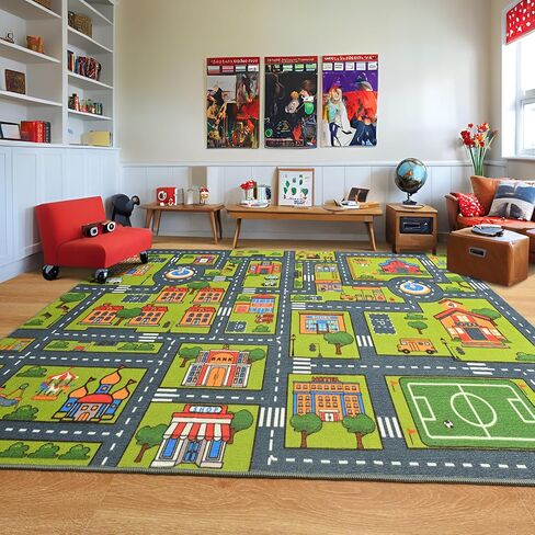 Merelax 4x6 Kids Car Rug Grey Green Area Rugs for Living Room Playroom Classroom Bedroom, Non Slip Kids Play mat Washable Rug, Educational City Traffic Road Map Fun Car Carpet for Ages 3-12 in Saudi Arabia