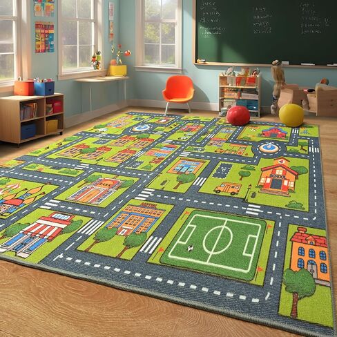Merelax 4x6 Kids Car Rug Grey Green Area Rugs for Living Room Playroom Classroom Bedroom, Non Slip Kids Play mat Washable Rug, Educational City Traffic Road Map Fun Car Carpet for Ages 3-12 in Saudi Arabia