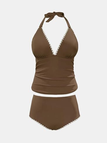 CUPSHE Women’s Plus Size Tankini Sets Halter Strappy Deep V Neck Two Piece Swimsuits Shell Stitched Ruching in Saudi Arabia